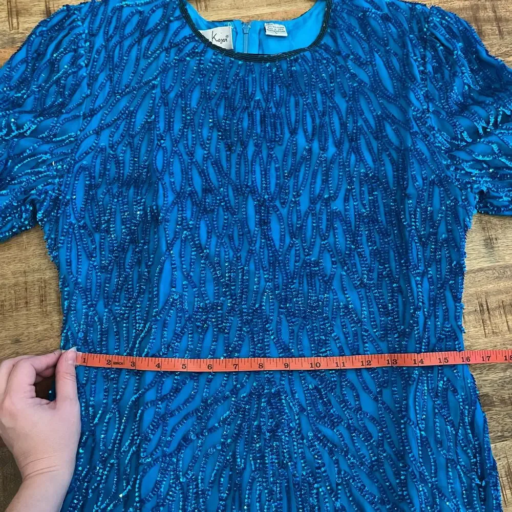 Vintage Laurence Kazar Sequin Sheath Dress L Silk Blue Beaded Party Costume 80s - Picture 16 of 16